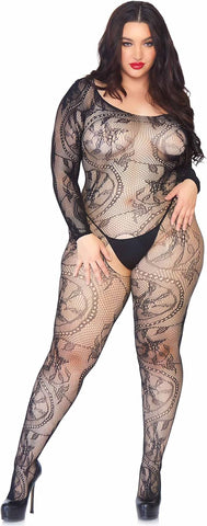 Womens Plus Size Spiral Lace Seamless Fishnet Off Shoulder Bodystocking Lingerie
