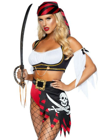 4 PC Wicked Pirate Wench Costume Pirate Wench Gypsy Tri-Lace Pleather Microsuede Bodice w/Boning Complete Outfit Renaissance Medieval - worldclasscostumes