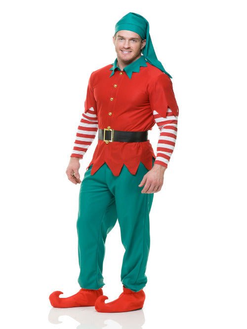 Adult Elf Costume Holiday Christmas Santa"s Helper Green Red Leggings Hat Belt - worldclasscostumes