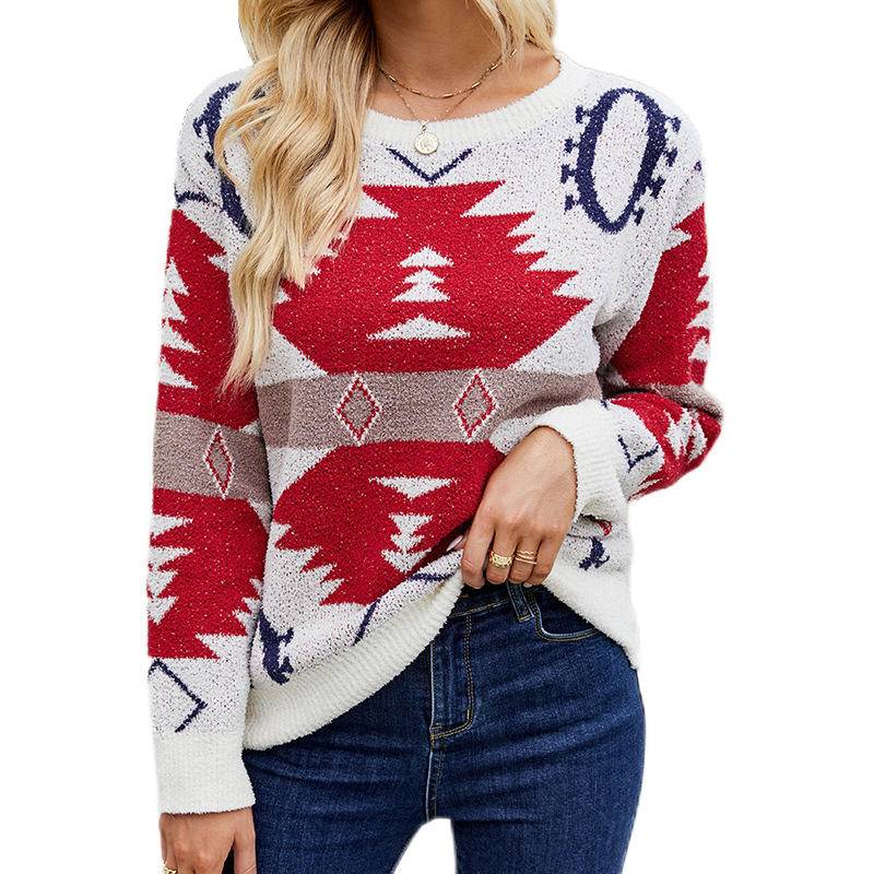 Christmas Geometric Pattern Long Sleeve Knit Sweater - worldclasscostumes