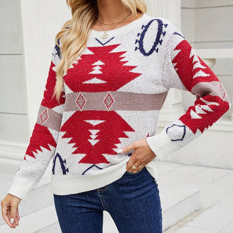 Christmas Geometric Pattern Long Sleeve Knit Sweater - worldclasscostumes
