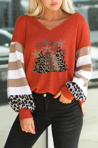 Christmas Tree Leopard Color Block Waffle Knit Top - worldclasscostumes