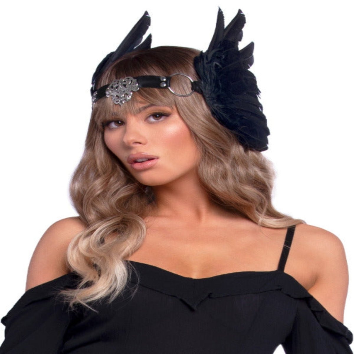 Feather headband with O-ring and metal filigree medallion accent - worldclasscostumes