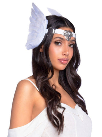 Feather headband with O-ring and metal filigree medallion accent - worldclasscostumes