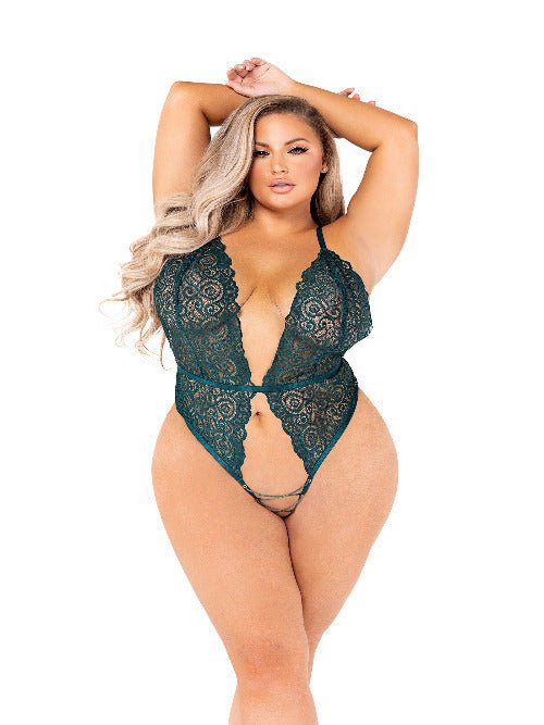 High-Cut Lace Teddy with Crotchless Lace-Up - worldclasscostumes