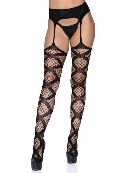 Leg Avenue womens Fishnet Stockings With Attached Garter Belt - worldclasscostumes