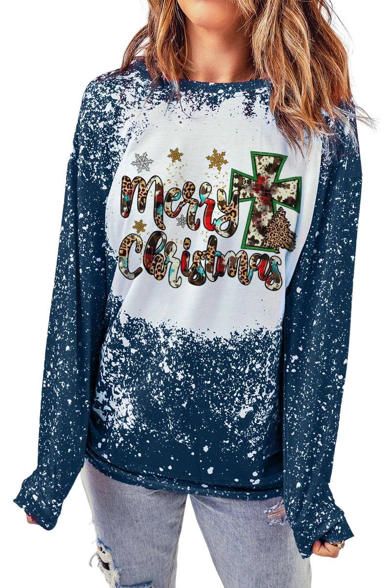 Merry Christmas Cross Bleached Print Pullover Sweatshirt - worldclasscostumes