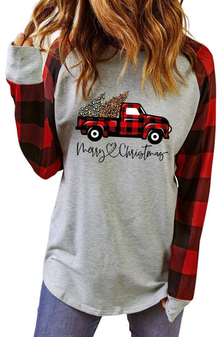 Merry Christmas Truck Plaid Patchwork Pullover Sweatshirt - worldclasscostumes