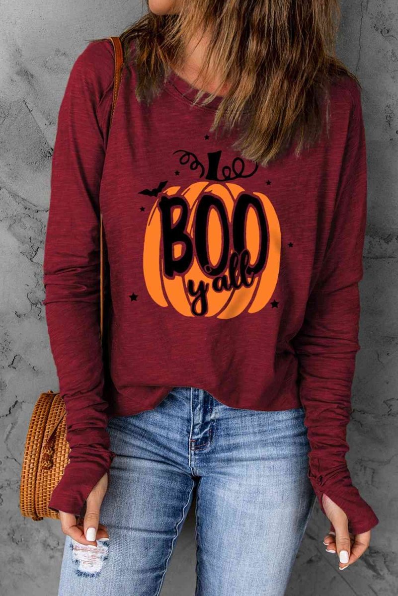 Pumpkin Graphic Thumbhole Sleeve T-Shirt - worldclasscostumes