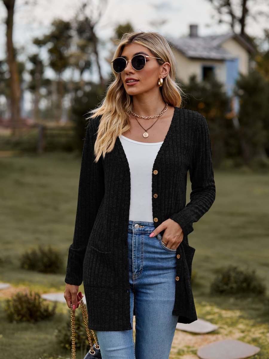 Ribbed Button-UP Cardigan with Pockets - worldclasscostumes