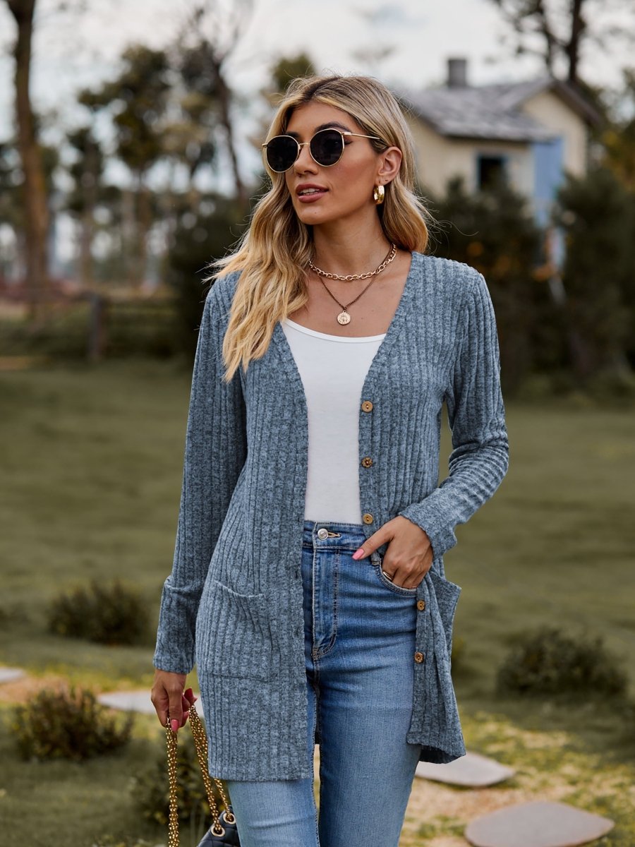 Ribbed Button-UP Cardigan with Pockets - worldclasscostumes