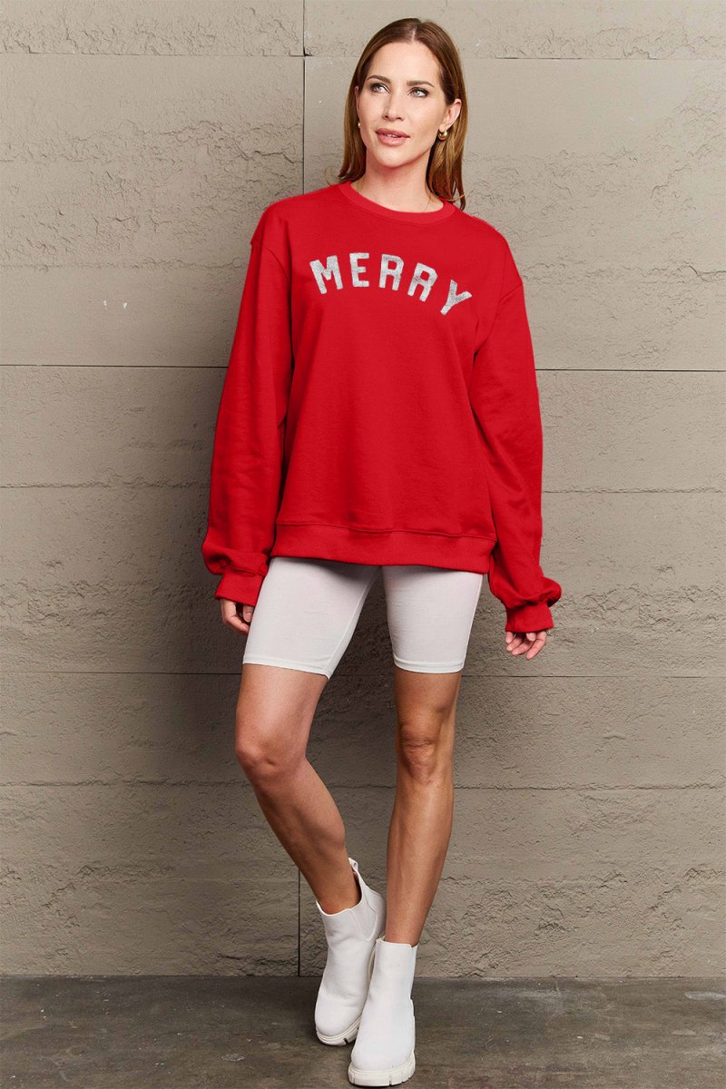 Simply Love Full Size MERRY Graphic Sweatshirt - worldclasscostumes