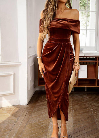 Solid Velvet Off Shoulder Gathering Asymmetrical Maxi Dress - worldclasscostumes