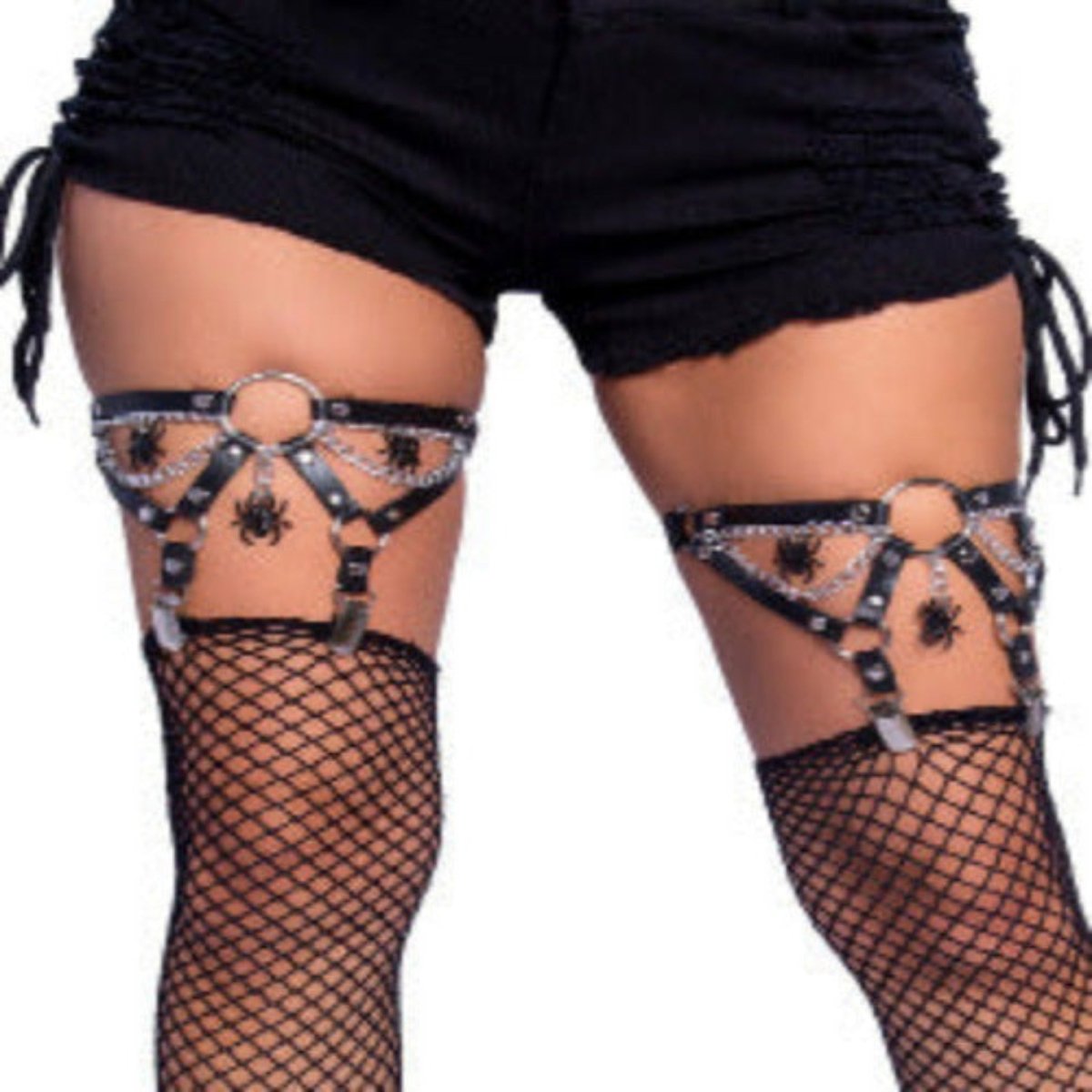 Spider O-ring studded thigh high garter suspender with chain detail. - worldclasscostumes