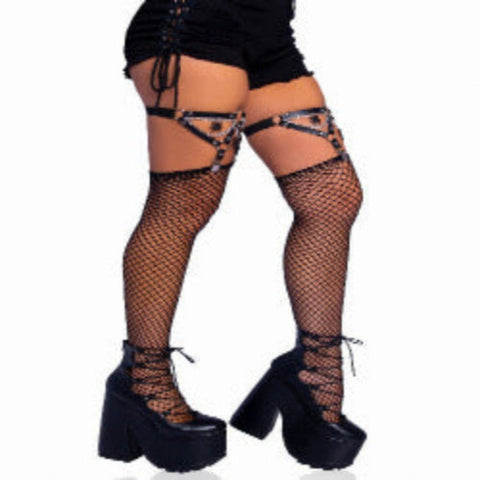 Spider O-ring studded thigh high garter suspender with chain detail. - worldclasscostumes